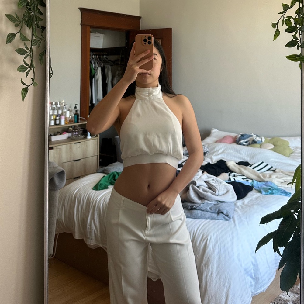 Princess polly white high neck linen crop top